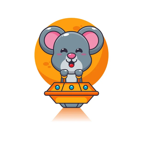 Mascote Bonito Mouse Personagem Desenho Animado Voar Com Ufo Desenho — Vetor de Stock