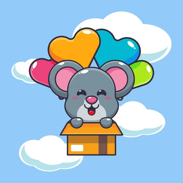 可爱的老鼠吉祥物卡通人物带着气球飞翔 适用于海报 小册子 吉祥物 标志及图标的矢量漫画图解 — 图库矢量图片
