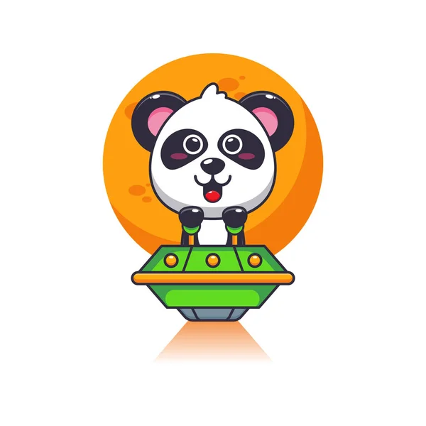 Bonito Panda Mascote Personagem Desenho Animado Voar Com Ufo Desenho — Vetor de Stock