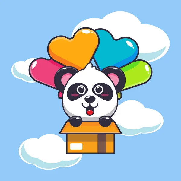Cute Postać Maskotka Panda Kreskówki Latać Balonem Ilustracja Wektor Kreskówki — Wektor stockowy
