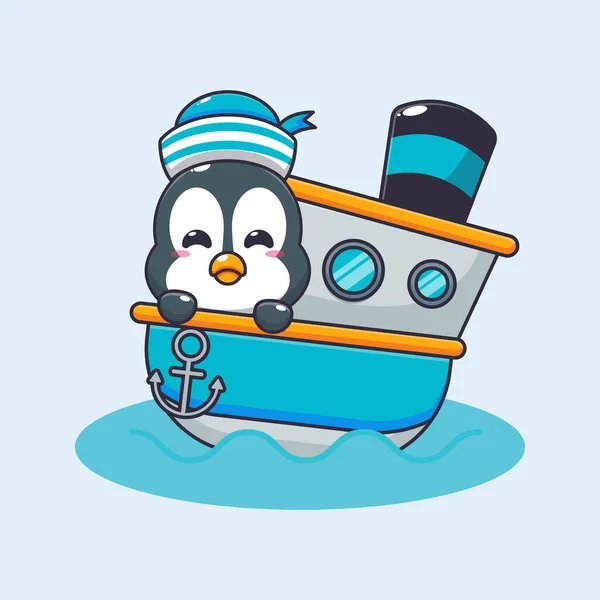 Bonito Personagem Desenho Animado Mascote Pinguim Navio Desenho Animado Vetorial — Vetor de Stock