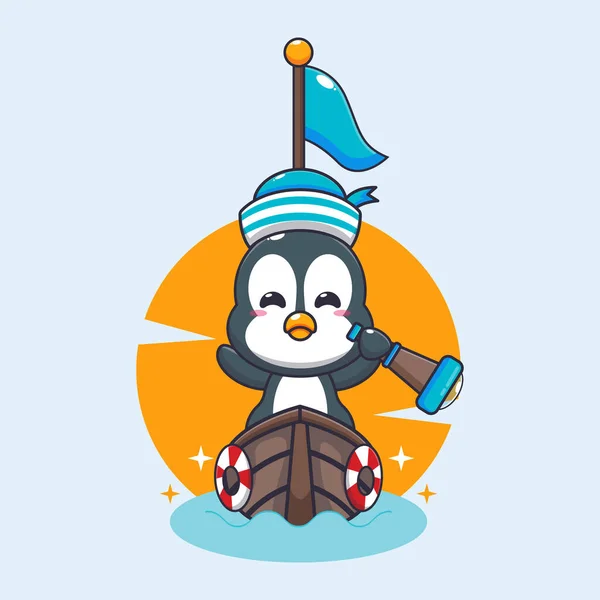 可愛いペンギンのマスコットキャラクターが乗っています ベクトル漫画ポスター パンフレット ウェブ マスコット ステッカー アイコンに適したイラスト — ストックベクタ