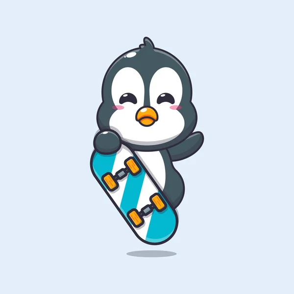 Söt Pingvin Maskot Tecknad Karaktär Med Skateboard Vektor Tecknad Illustration — Stock vektor