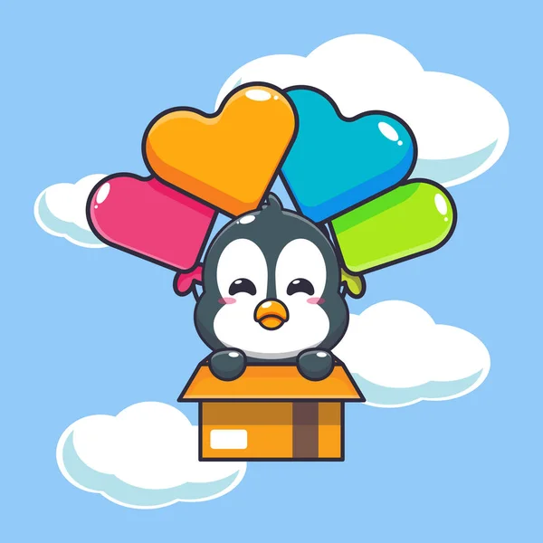 かわいいペンギンマスコットキャラクターが風船で飛ぶ ベクトル漫画ポスター パンフレット ウェブ マスコット ステッカー アイコンに適したイラスト — ストックベクタ