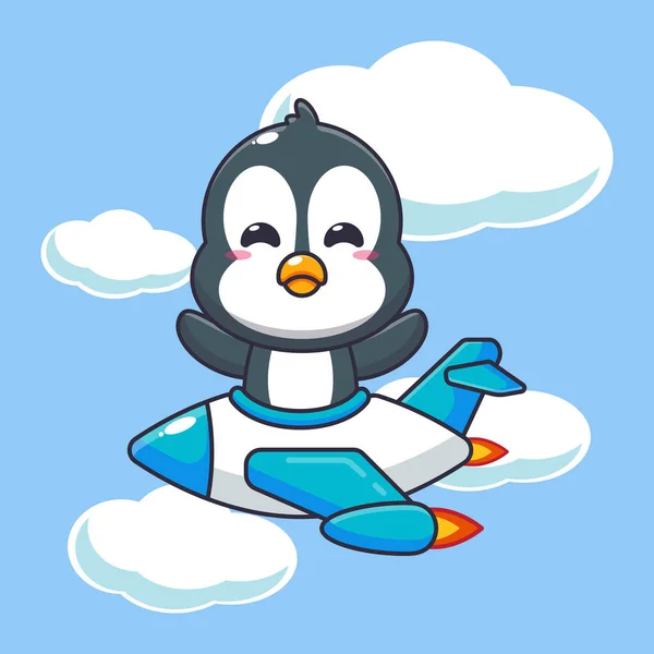 stock vector Cute penguin mascot cartoon character ride on plane jet. Vector cartoon Illustration suitable for poster, brochure, web, mascot, sticker, logo and icon.