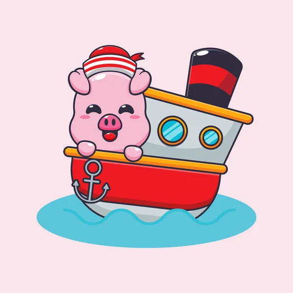 Cute Pig Ship Cartoon Vector Illustration — Stock Vector