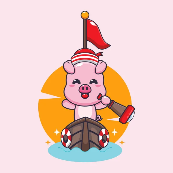 Cute Pig Boat Cartoon Vector Illustration — Stock Vector