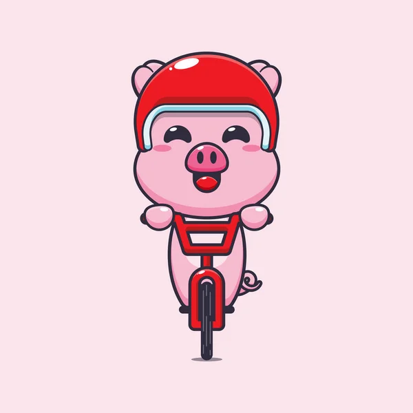Cute Pig Ride Bicycle Cartoon Vector Illustration — Stock Vector