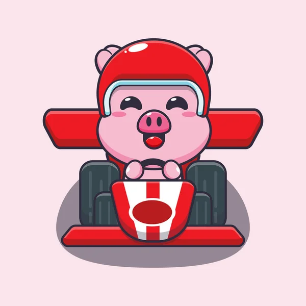 Cute Pig Riding Race Car Cartoon Vector Illustration — Stock Vector