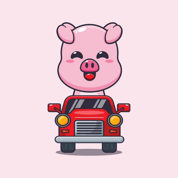 Cute Pig Ride Car Cartoon Vector Illustration — Stock Vector