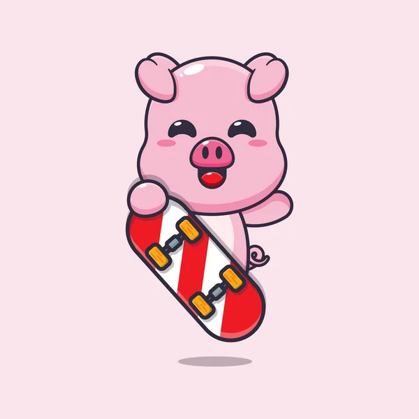 Cute Pig Skateboard Cartoon Vector Illustration — Stock Vector