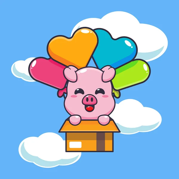 可爱的小猪飞与气球卡通矢量插图 — 图库矢量图片