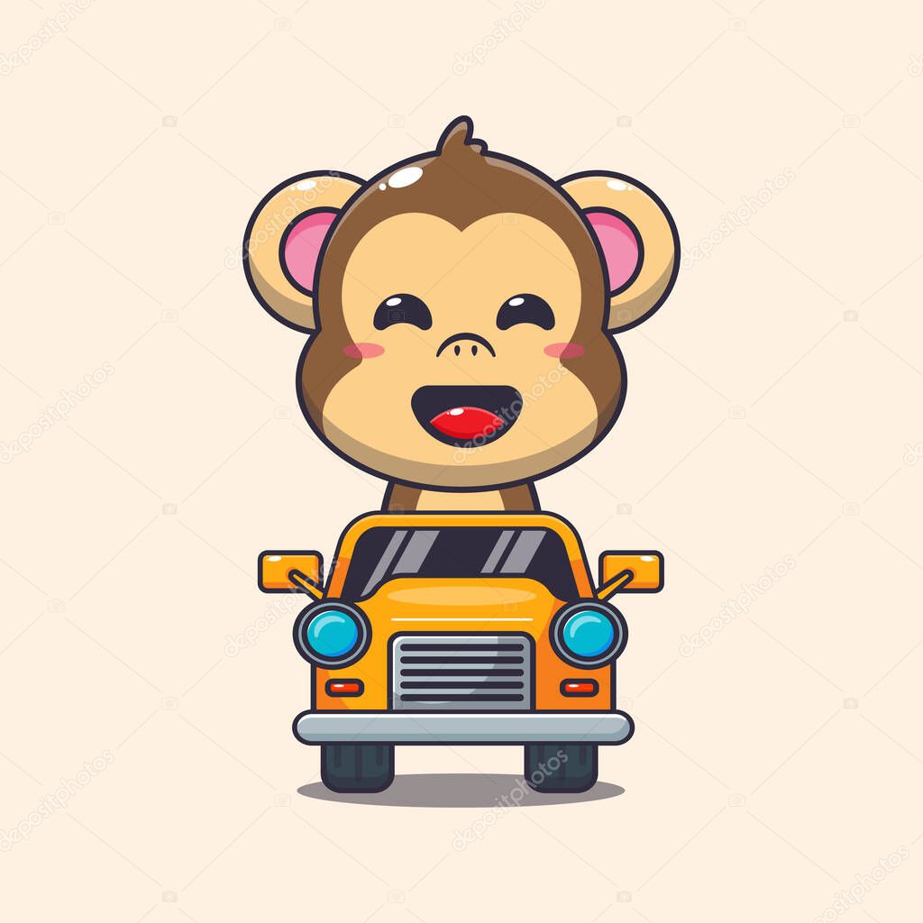 Cute monkey mascot cartoon character ride on car. Vector cartoon Illustration suitable for poster, brochure, web, mascot, sticker, logo and icon.
