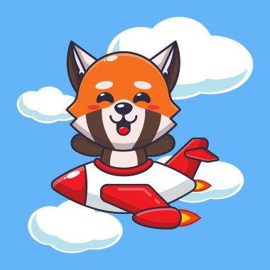 Cute red panda ride on plane jet cartoon vector illustration. clipart