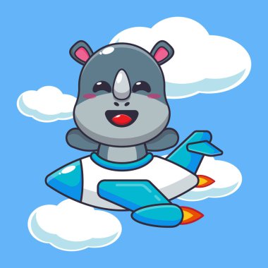 Jet karikatür vektör illüstrasyonunda şirin bir gergedan yolculuğu..