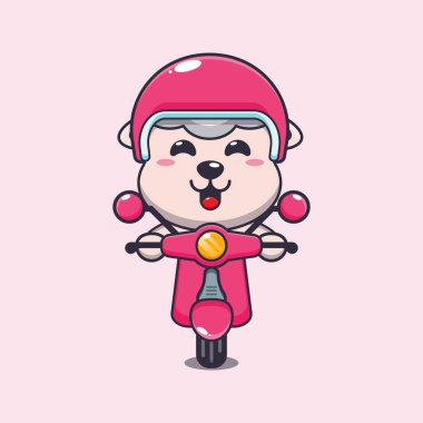 Scooter karikatür vektör illüstrasyonunda şirin koyun sürüsü.