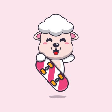 Kaykay karikatür vektör illüstrasyonlu şirin koyunlar.