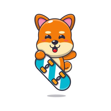 Kaykay karikatür vektör illüstrasyonlu şirin shiba inu.