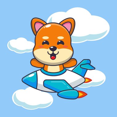 Şirin shiba inu jet karikatür vektör illüstrasyonunda yolculuk.