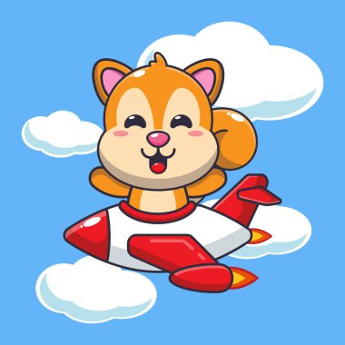 Jet karikatür vektör çiziminde şirin sincap gezisi.