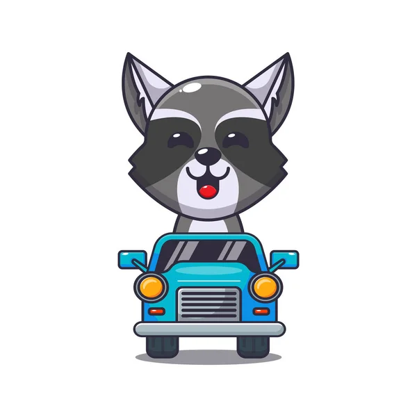 Cute Raccoon Ride Car Cartoon Vector Illustration — Stock Vector