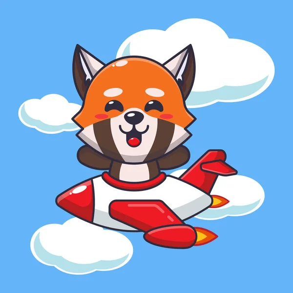 Roztomilé Červené Panda Jízda Rovině Jet Kreslený Vektor Ilustrace — Stockový vektor