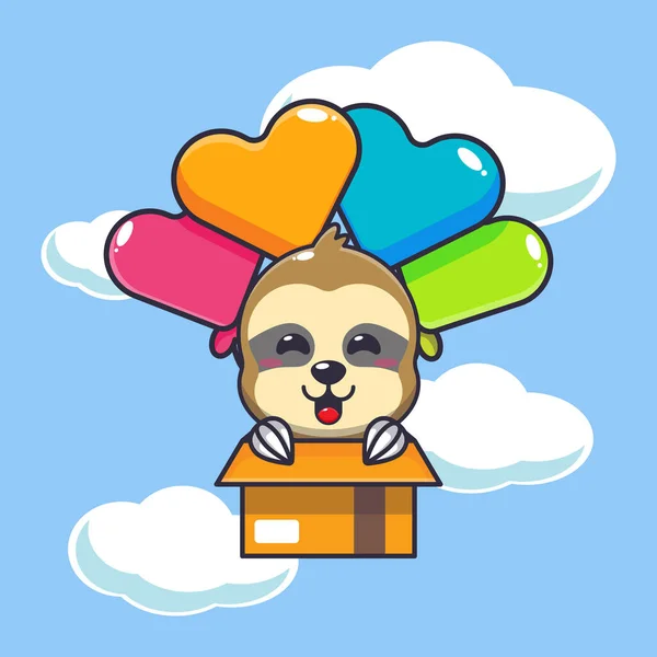 Lindo Perezoso Mascota Personaje Dibujos Animados Volar Con Globo — Vector de stock