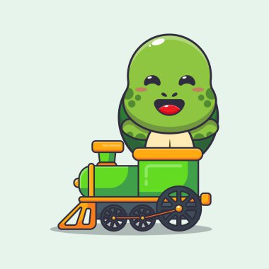 Tren karikatür çizimi üzerinde sevimli kaplumbağa gezisi..