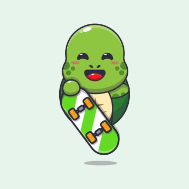 Kaykay karikatür çizimi olan şirin kaplumbağa..