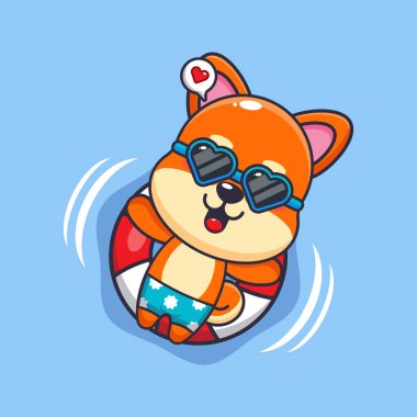 Cute shiba inu in sunglasses float with buoy. Cute summer cartoon illustration.