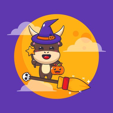 Cadılar bayramında cadı boğa süpürgeyle uçar. Tatlı cadılar bayramı karikatürü çizimi.