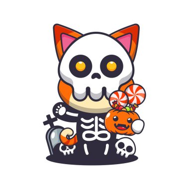 Elinde cadılar bayramı balkabağı tutan iskelet kostümlü bir kedi. Tatlı cadılar bayramı karikatürü çizimi.