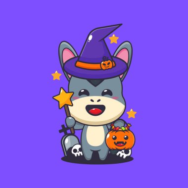 Cadılar Bayramı 'nda cadı eşek. Tatlı cadılar bayramı karikatürü çizimi.