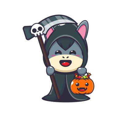 Tırpan ve cadılar bayramı balkabağı tutan Azrail eşeği. Tatlı cadılar bayramı karikatürü çizimi.