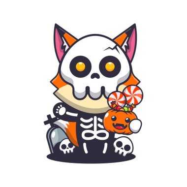 Cadılar Bayramı balkabağı tutan iskelet kostümlü tilki. Tatlı cadılar bayramı karikatürü çizimi.