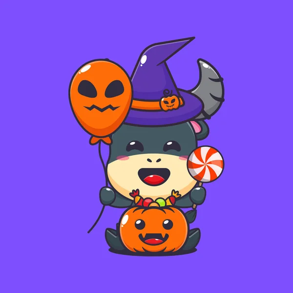 Čaroděj Buvol Drží Halloween Balón Sladkosti Roztomilé Halloween Kreslené Ilustrace — Stockový vektor