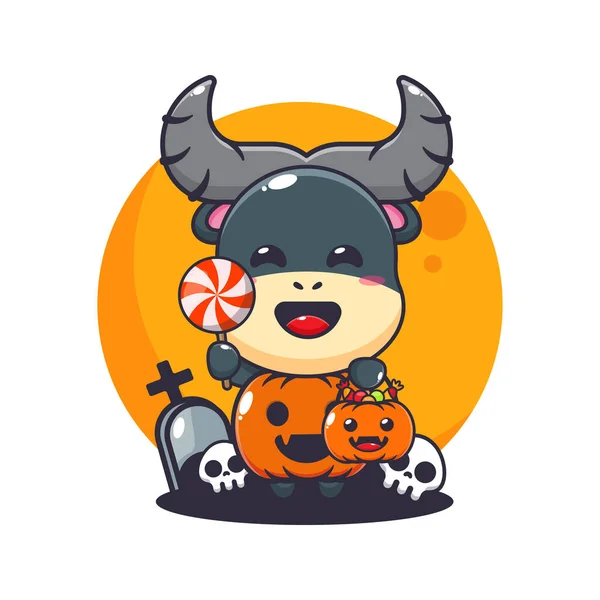 Bawół Kostiumie Dyni Halloween Cute Ilustracji Kreskówki Halloween — Wektor stockowy