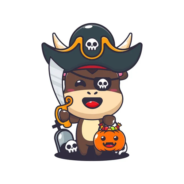 Pirátský Býk Halloweenském Dni Roztomilé Halloween Kreslené Ilustrace — Stockový vektor