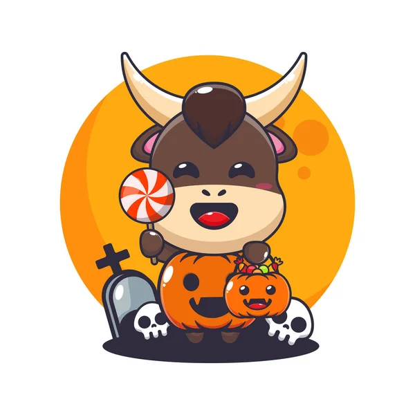 Bull Halloween Pumpkin Costume Cute Halloween Cartoon Illustration — Stock Vector
