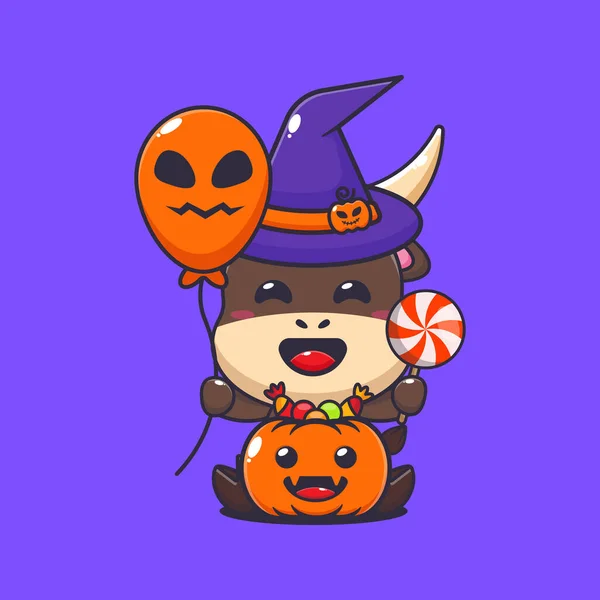 Strega Toro Con Palloncino Halloween Caramelle Carino Halloween Cartone Animato — Vettoriale Stock
