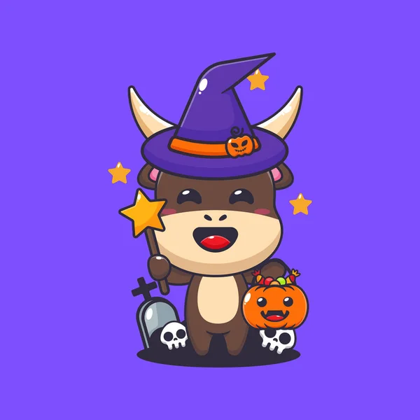 Čarodějný Býk Halloweenském Dni Roztomilé Halloween Kreslené Ilustrace — Stockový vektor