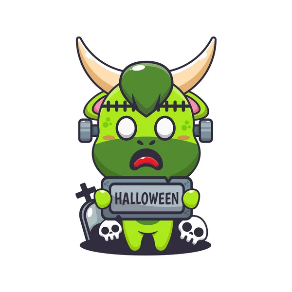 Taureau Zombie Tenant Halloween Saluant Pierre Jolie Illustration Dessin Animé — Image vectorielle