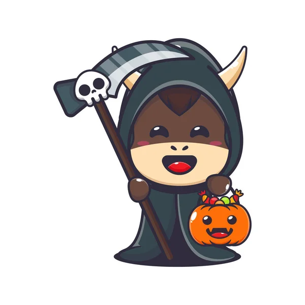 Grim Reaper Bull Holding Scythe Halloween Pumpkin Cute Halloween Cartoon — Stock Vector