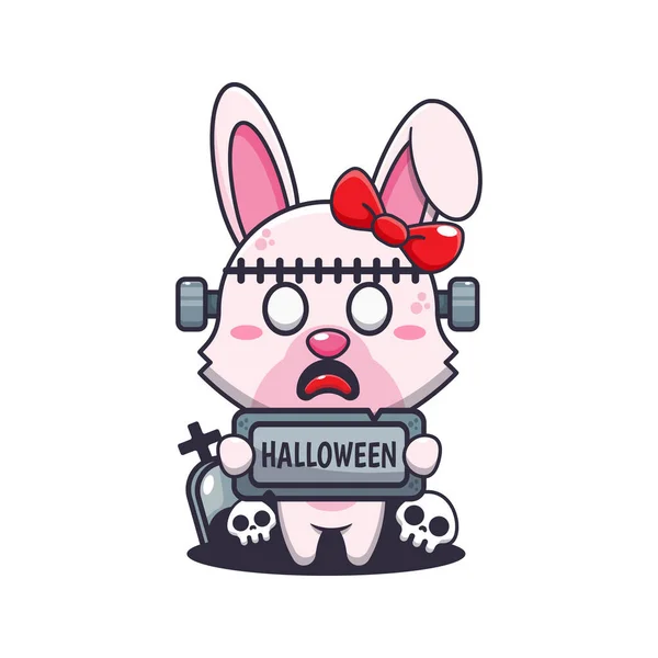 Zombie Bunny Holding Halloween Greeting Stone Cute Halloween Cartoon Illustration — Stock Vector