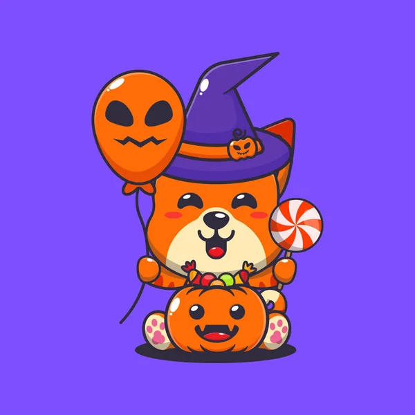 Bruxa Gato Segurando Halloween Balão Doces Bonito Halloween Desenho Animado — Vetor de Stock