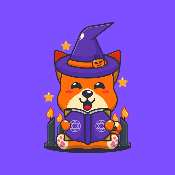 Witch Cat Reading Spell Book Cute Halloween Cartoon Illustration — Stock Vector