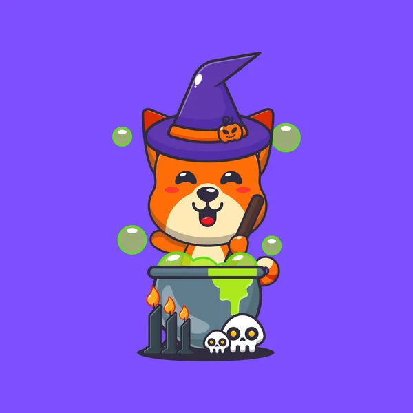 Gato Bruxo Fazer Poção Dia Halloween Bonito Halloween Desenho Animado — Vetor de Stock