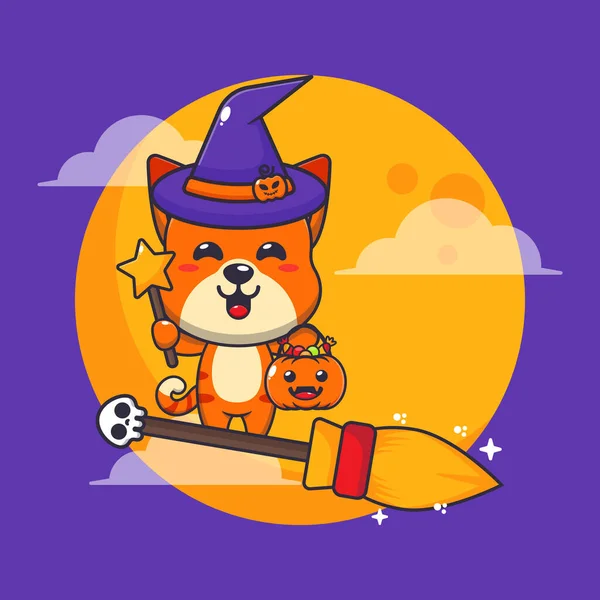 Čarodějnice Létá Koštětem Halloweenské Noci Roztomilé Halloween Kreslené Ilustrace — Stockový vektor