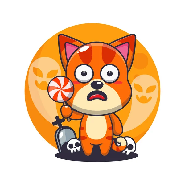 Nette Katze Von Geist Halloween Tag Erschrocken Niedliche Halloween Karikatur — Stockvektor