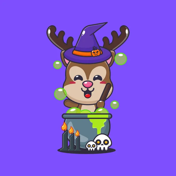 Witch Deer Making Potion Halloween Day Cute Halloween Cartoon Illustration — Stock Vector
